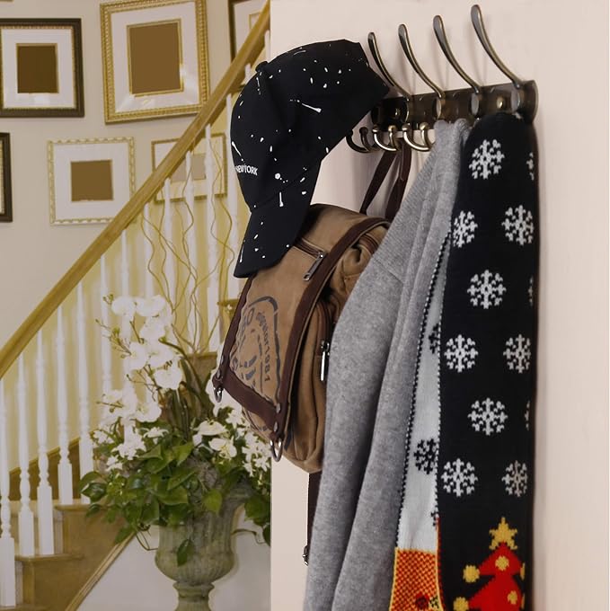 Dseap Wall Mounted Coat Rack - 5 Tri Hooks, Heavy Duty, Stainless Steel, Metal Coat Hook Rail for Coat Hat Towel Purse Robes Mudroom Bathroom Entryway (Bronze, 2 Packs)