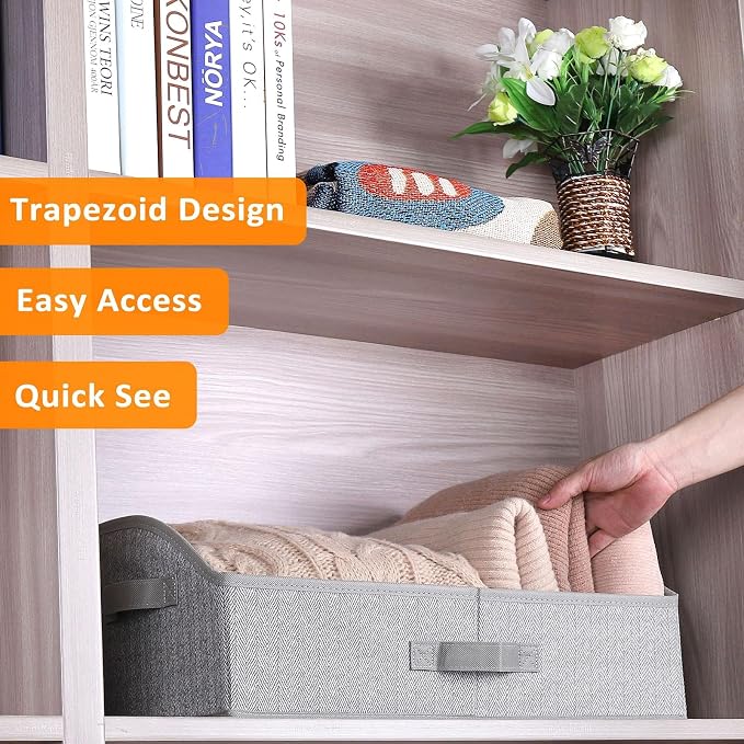 WUIKE 6-Pack Trapezoid Storage Bins, Foldable Storage Baskets for Clothes, Purse, Blanket, Herringbone Gray, Extra Large