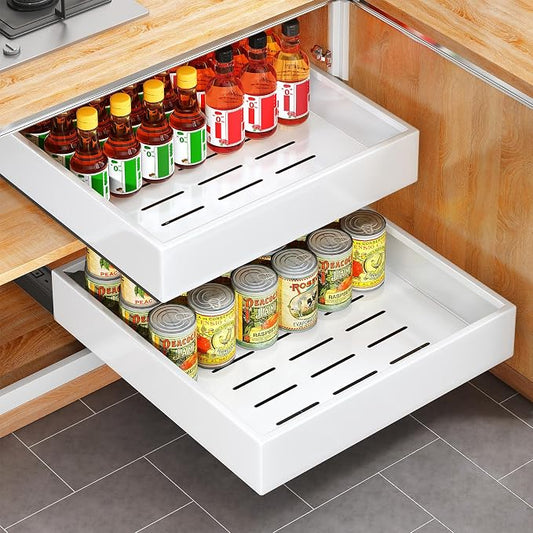 2Pack Pull out Cabinet Organizer, 21"Deep, Heavy Duty Full-extension Slide out Drawers for Kitchen Cabinet, Roll out Shelf Storage with Nano Adhesive for Pots,17"W x 21"D x 3.1"H, White