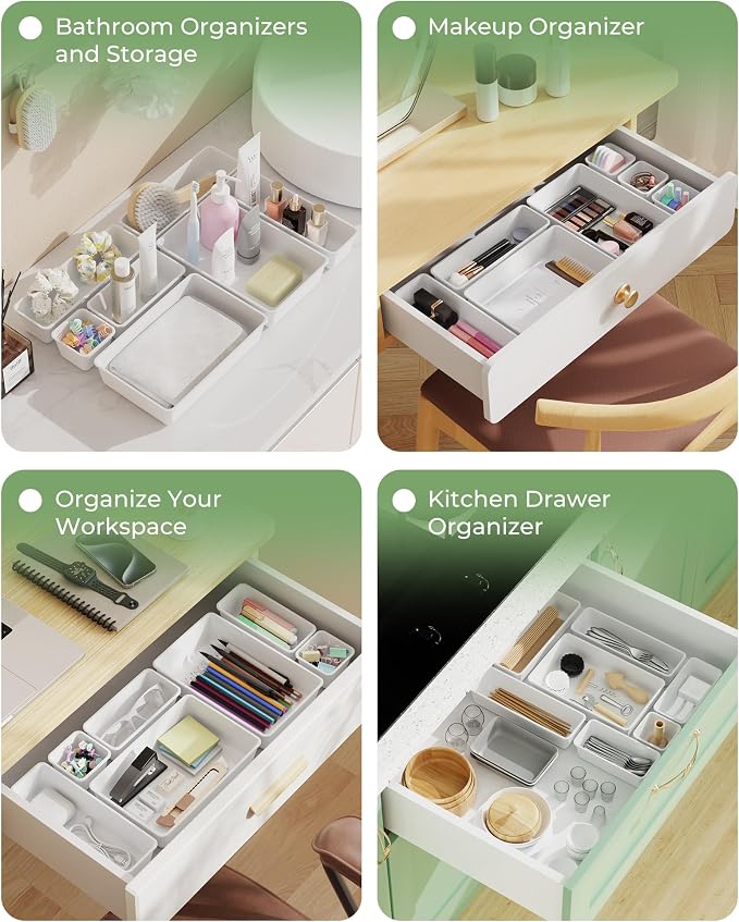 BiuLeon 25 PCS Plastic Drawer Organizers Set, 4-Sizes Vanity and Makeup Organizer, Desk and bathroom Drawer Organizer Trays, Organizers and Storage for Makeup, Jewelry, Gadgets, Utensils (White)