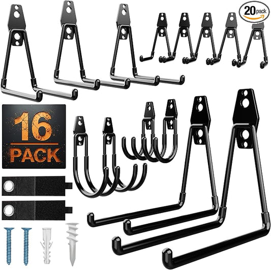 16 Pack Heavy Duty Garage Hooks, Wall Mounted Tool Hangers | PVC-coated hooks for bikes, ladders, garden tools and storage, anti-rust garage wall organizer.