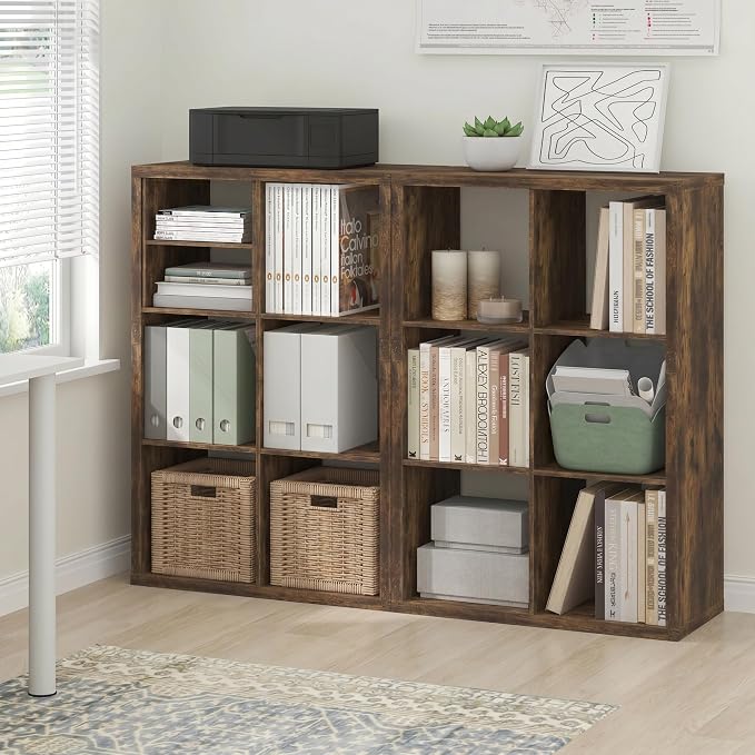 Furinno Cubicle Book Shelf Set of 2, 6-Cube Bookshelf, Amber Pine | 14.6 x 43.8 x 30, 1.2" Thick, Horizontal & Vertical Reversible Bookcase with Open Back, for Living Room, Bedroom, Home Office