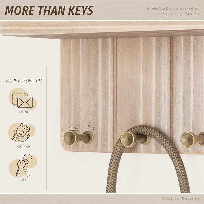 Rebee Vision Key Holder Wall Mount with 7 Hooks for Entryway, Natural Wood | Key and Mail Holder for Wall, Floating Shelf, Plant Display, Mail Sorter, Key Hanger, Apartment Essentials, Entryway Storage