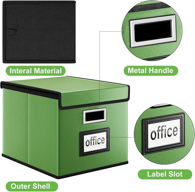 File Organizer Box with Lids, Collapsible File Folder Organizer | File Box with Plastic Slides for Document, Filing Bin for Letter Size Hanging File Folders (4 Pack, Green, Leather)