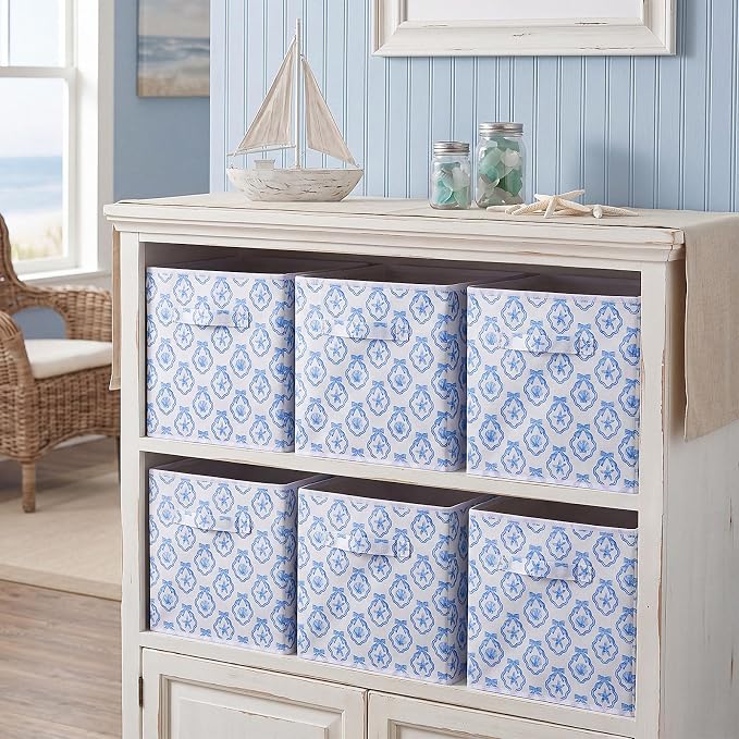 6 Pcs Blue Bow Seashell Storage Bins 11 Inch Summer Beach Storage Basket with Handle, Coastal Organizer Basket, Ocean Collapsible Fabric Box for Classroom Bedrooms Office Home Decoration Gift