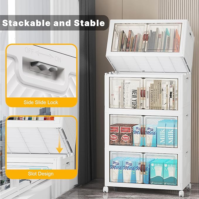 UAMFURI Stackable Storage Bins, 416QT Collapsible Drawers with 2 Lids | Large Capacity, Magnetic Door, Stack Lock, Rolling Wheels, Foldable Design, Organizers and Storage for Bedroom Dorm Garage