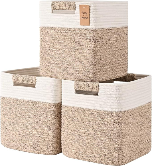 11 Inch Storage Cubes, 3 Pack Cube Storage Bins for Organizing, Cotton Rope Woven Baskets for Shelves, Bathroom, Kids Room, Closets, Baby Nursery