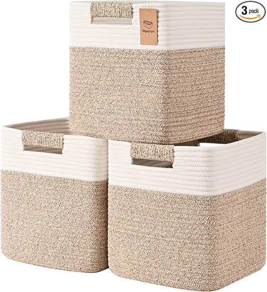 13 Inch Storage Cubes, 3 Pack Cube Storage Bins for Organizing, Cotton Rope Woven Baskets for Shelves, Bathroom, Kids Room, Closets, Baby Nursery
