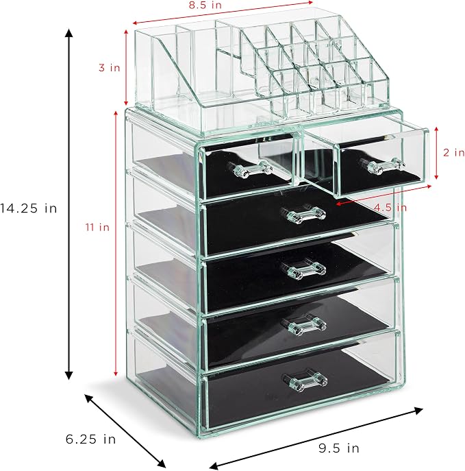 Sorbus Acrylic Makeup Organizer Set, 6-Drawer Vanity & Countertop Cosmetic Storage with Small & Wide Compartments, Teal Thrill Makeup Storage for Brushes, Jewelry – Holiday Gift for Women & Teens
