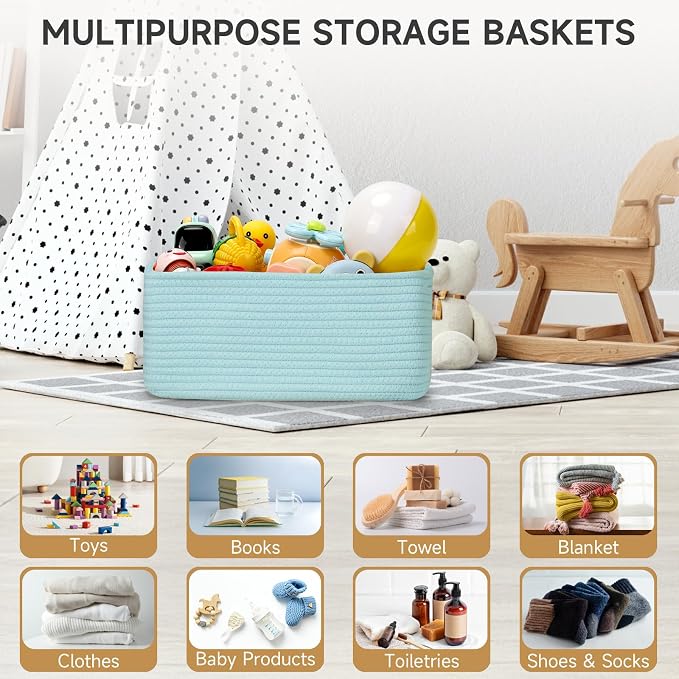 3-Pack Small Storage Baskets for Organizing | Woven Shelf Toy Basket | Rope Baskets for Gifts Empty | Closet Organizer Bins with Handles | Cube Decorative Box | 11.8×7.8×5.1” | Light Blue