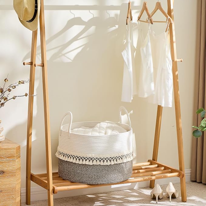 KAKAMAY Large Blanket Basket with Handles, Storage Basket for Living Room | Extra Large Capacity | Natural Cotton Rope | Blanket Storage | Woven Storage Basket | Stuffed Animal Storage | Laundry Basket