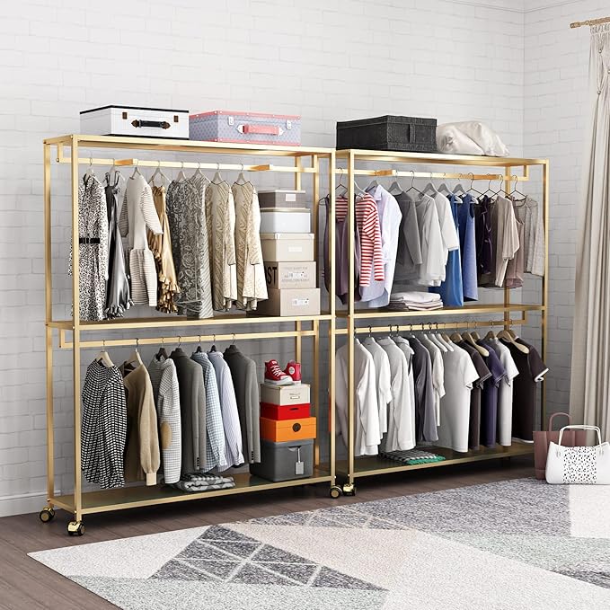TIEOU Gold Clothes Racks Free-Standing, Gold Clothing Rack with Shelves for Boutiques, Heavy Duty Garment Rack for Hanging Clothes, Large Wardrobe Closet(Only One Shelf)