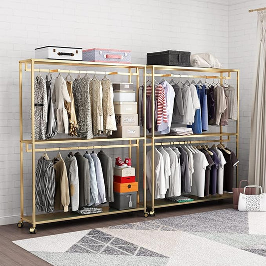 TIEOU Gold Clothes Racks Free-Standing, Gold Clothing Rack with Shelves for Boutiques, Heavy Duty Garment Rack for Hanging Clothes, Large Wardrobe Closet(Only One Shelf)