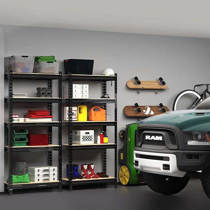 PrimeZone 5-Tier Garage Storage Shelves, Adjustable Metal Shelving, Black | Heavy-Duty Metal Frame & Connectors, FSC MDF Boards, Space-Saving Storage for Garage, Pantry, Closet, 28"W x 12"D x 59"H 6PCS