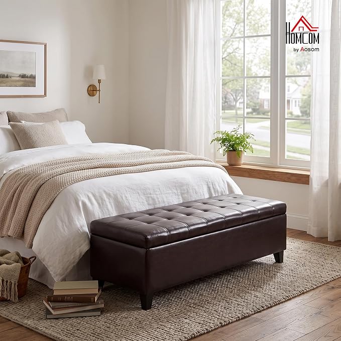 HOMCOM 51" Ottoman Storage Bench, Faux Leather Storage Chest with Lift Top, Tufted Ottoman for Living Room, Entryway, Dark Brown | Lift Top, Tufted Ottoman, Living Room, Entryway