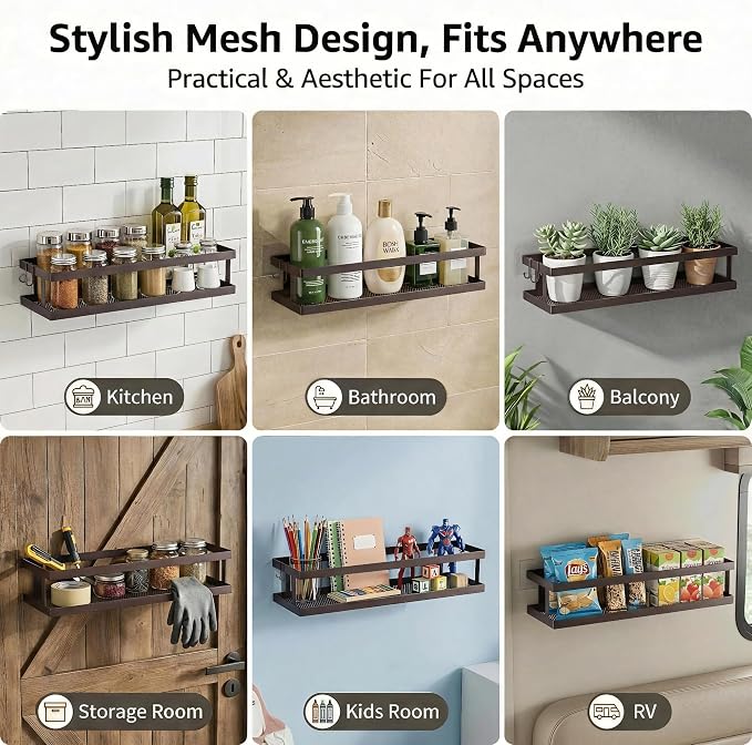 PUSDON 2-Pack 16.5" Extra Long Slim Shower Caddy, Adhesive Wall Mount Bathroom Organizer, Rustproof Open Frame Mesh Spice Rack for Kitchen, Holds 50LBS - Vintage Bronze, Guardrail