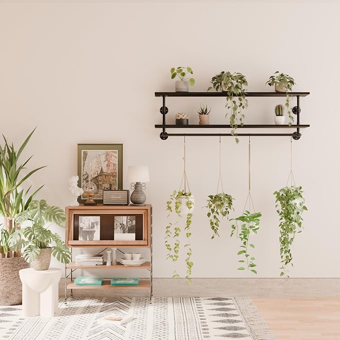 Black Clothes Rack 60in, 2-Tier Wall Mounted Garment Rack with Real Wood Shelf, Heavy Duty Hanging Clothes Rack, Multi-Purpose Hanging Rod, Space-Saving Closet Storage