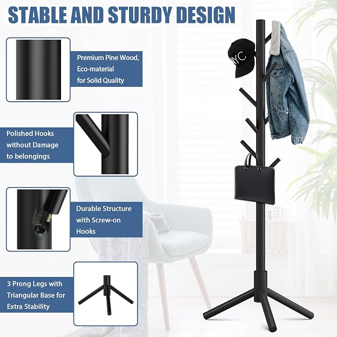 Haddockway Wooden Coat Rack Stand with 8 Hooks New Zealand Pine 3 Adjustable Coat Standing Tree Easy Assembly for Coats, Hats, Scarves and Handbags for Entryway, Hallway, Bedroom, Office,2 PCS