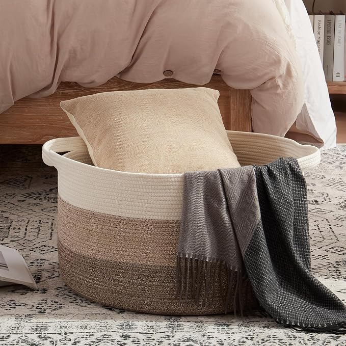 OIAHOMY 105L Extra Large Blanket Basket - Decorative Cotton Rope Storage Basket for Bedroom, Living Room & Nursery - Woven Laundry Hamper for Organizing Blankets, Clothes & Toys - Gradient Brown