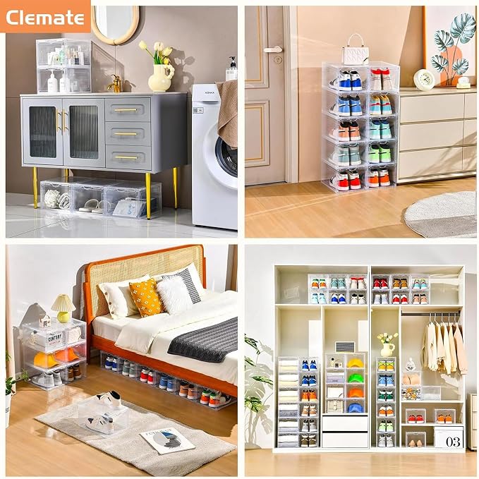 Clemate Upgraded X-Large Shoe Organizer,Shoe Storage Organizer,12 Pack,Shoe Box Clear Plastic Stackable,Drop Front Shoe Box with Clear Door, Shoe Containers For Sneaker Display,Fit up to US Size12