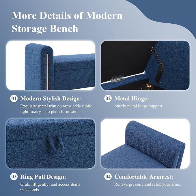 Storage Ottoman Bench, End of Bed Bench with Pull-Ring | 52" Teddy Upholstered, Window Bench with Armrest, Generous Storage, Safety Hinge, Holds 250 LBS, for Bedroom, Navy Blue