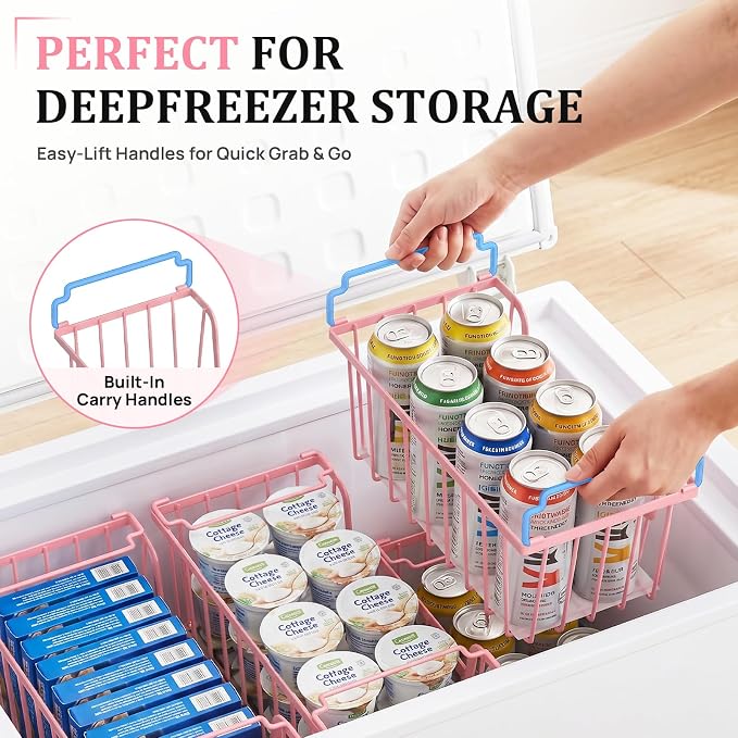 SUNALLY Stackable Storage Bins 4 Pcs Wire Baskets Freezer Organizer, Pink | Pantry Organizers Storage, Vegetable Fruit Storage Basket for Countertop, Kitchen Baskets for Onion Potato Snack Cans Storage