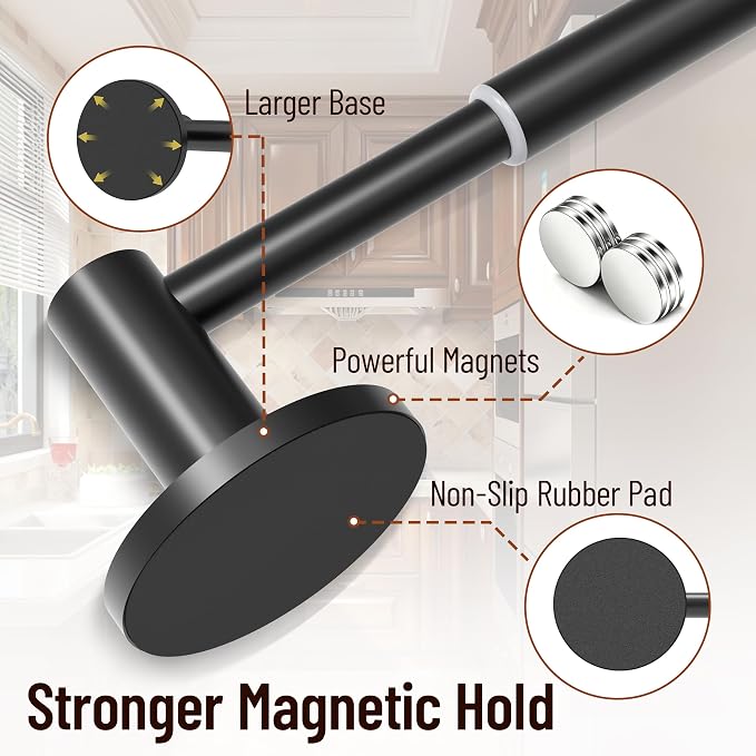 Magnetic Towel Bar, Adjustable Towel Rod with Larger Magnetic Base & Hidden Magnet Design, Non-Slip Magnetic Towel Holder for Refrigerator, Dishwasher, Oven, Washer (Matte Black, 1Pack)