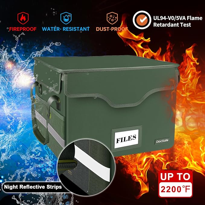 DocSafe Fireproof Document Box with Lock,File Storage Organizer with Mesh Pockets＆Lid,Collapsible Portable File Box Home Office Safe Filing Cabinet with Handle for Hanging Letter/Legal Folder,Green