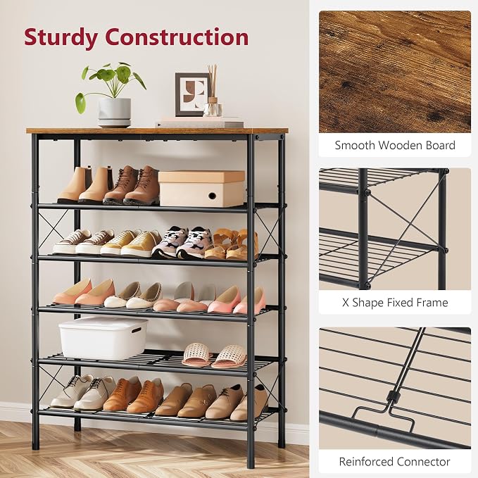 6 Tier Shoe Rack for 20-24 Pairs of Shoes, Rustic Brown & Black | Sturdy & Durable, X Shape Fixed Frame, Metal Mesh Shoe Shelf, Industrial, For Closet, For Entryway Shoe Storage