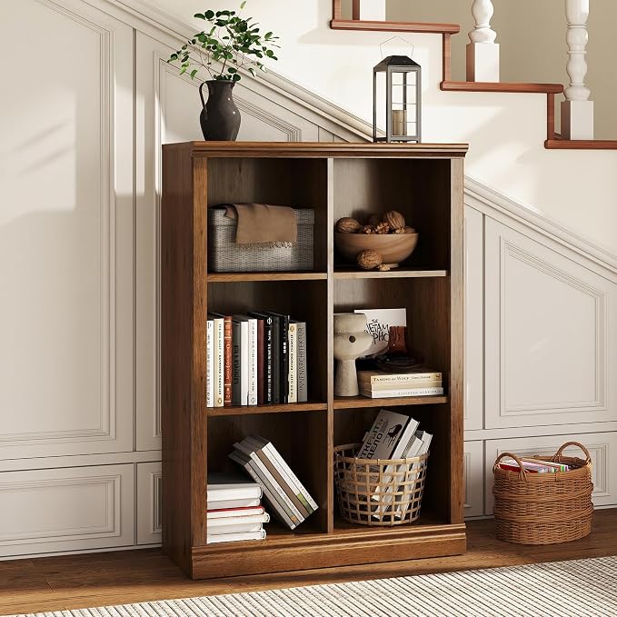 3 Tiers 6 Cube Storage Organizer Bookcase, 30 inch Width Wooden Book Shelf | 6 Storage Cube Adjustable Space Book Case, Vertical Bookshelf Display Cabinet Organizer for Home Library Office, Vintage Oak