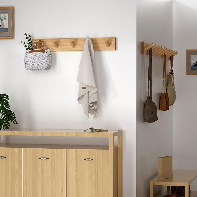 SKOLOO Wooden Wall Mounted Coat Rack,16'' Hole to Hole, 5 Pegs Bamboo Wall Hook for Hanging Clothes Robes Towels Hats,Natural Gold
