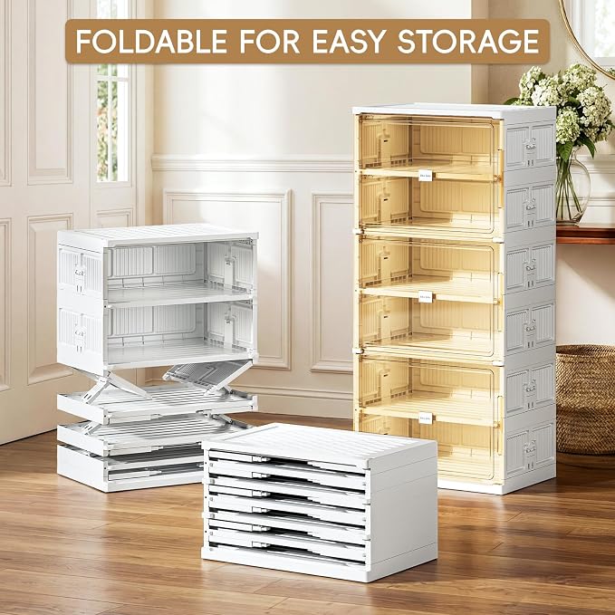JEKO&JEKO 10 Tiers Foldable Shoe Rack Organizer Cabinet for Closet Entryway, Large Collapsible Shoe Storage Box with Magnetic Doors (White)