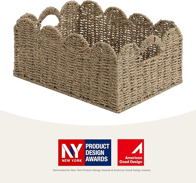 StorageWorks Scalloped Seagrass Baskets, Hand-woven Rattan Baskets with Built-in Handles, Cute Baby Basket for Nursery, Basket for Organizing and Decor, 15"L x 11"W x 6¾"H