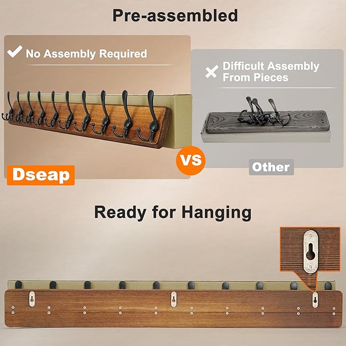 Coat Rack Wall - Heavy-duty 38-1/4" Long, with Reinforced 10 Custom Tri-Hooks, Solid Wood Wall Hanger for Coats Hat Jackets - Rustic Farmhouse Entryway Storage, Weathered Blue & Black, Pack of 2