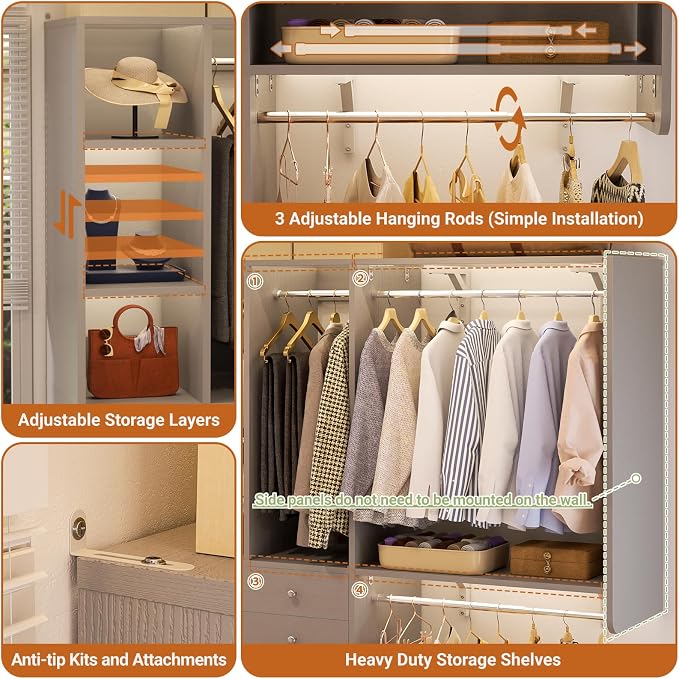 Besiost Closet System - 5FT Small Closet System with Drawers, 60" Closet Organizer System with Reversible Hanging Shelving, Closet Systems for Small/Walk-in Closets, Morandi Grey