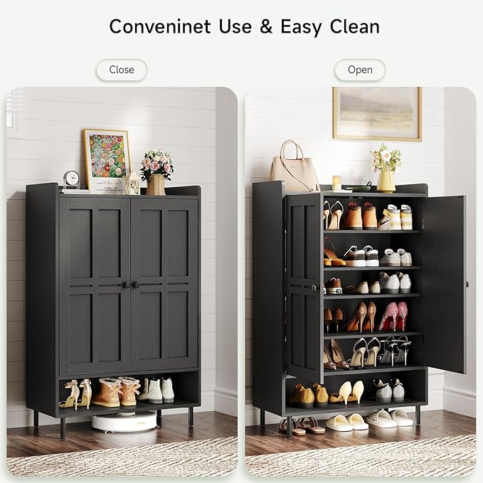 ONBRILL Shoe Cabinet with Cross Molding Doors, 6-Tier Shoe Storage Cabinet with 3 Adjustable Shelves and Metal Legs, 45'' Tall Shoes Rack Organizer Cabinet for Entryway, Front Door, Black