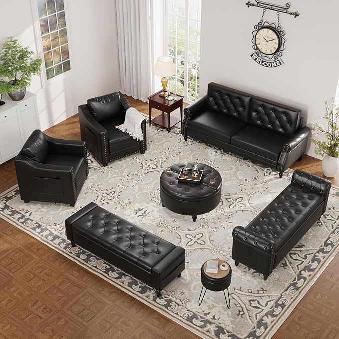 60" Storage Ottoman Bench, Faux Leather Upholstered Bed Bench with Tufted Buttons and Nailhead Trim, Large Ottoman with Storage for King Size End of Bed, Bedroom, Entryway, Hallway (black)