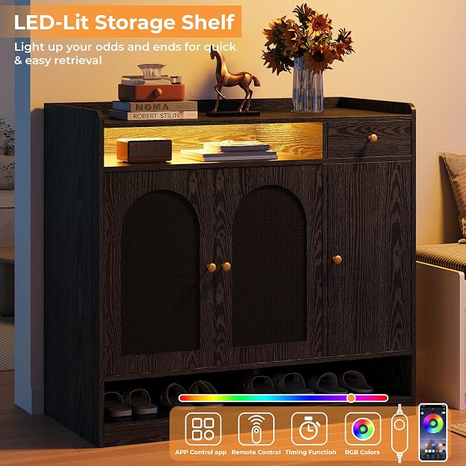 LIKIMIO Rattan Shoe Cabinet with 6-Tier Storage, 3 Doors & LED Light | 30 Pairs Shoe Storage Cabinet with Drawer, Adjustable Shelves, Shoe Rack Organizer for Entryway, Living Room, Black