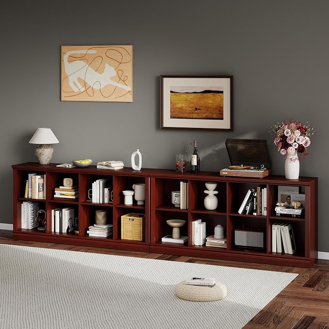 2 Tiers 8 Cube Storage Organizer Bookcase, 54 inch Width Wooden Book Shelf | 8 Storage Cube Adjustable Space Book Case, Horizontal Bookshelf Display Cabinet Organizer for Home Library Office, Mahogany