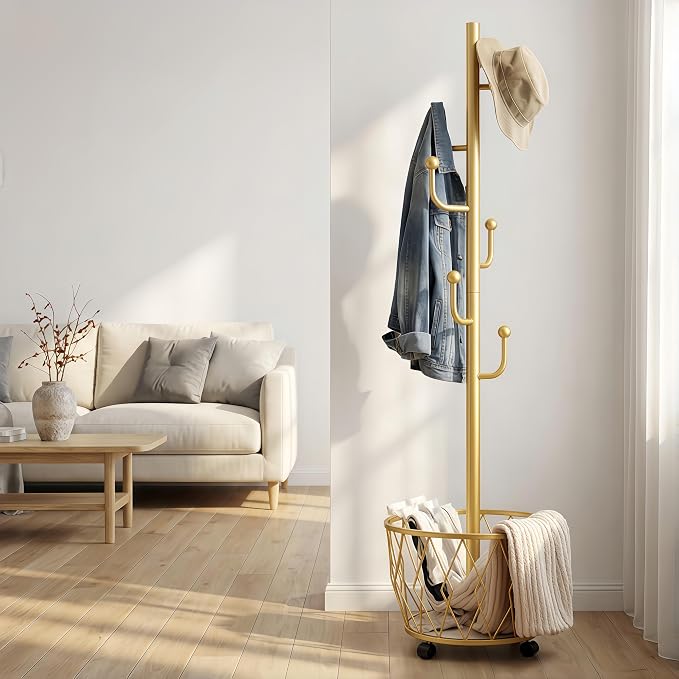Gold Moveable Cactus Metal Coat Rack with Basket Freestanding 65inch | Modern Organizer for Scarf Jacket Hat Bags Ideal for Home Entryway Bedroom Corner Stable
