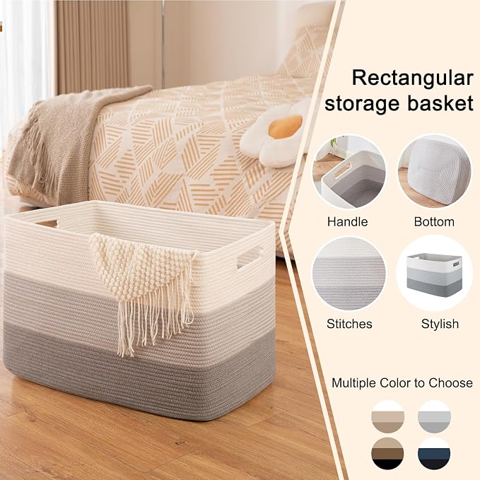 OIAHOMY 108L Super Large Blanket Basket, 25”x16”x16”(108L) Rectangle Woven Baskets for Storage, Cotton Rope Basket For Living Room, Toy Storage with Handle - Gradient Grey