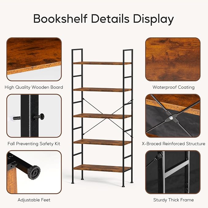 HealSmart 5 Tier Bookshelf, Free Standing Book Shelf Home Office Bookcase Shelf Storage Organizer for Bedroom, Living Room, Bathroom, Office, Balcony, Rustic Brown