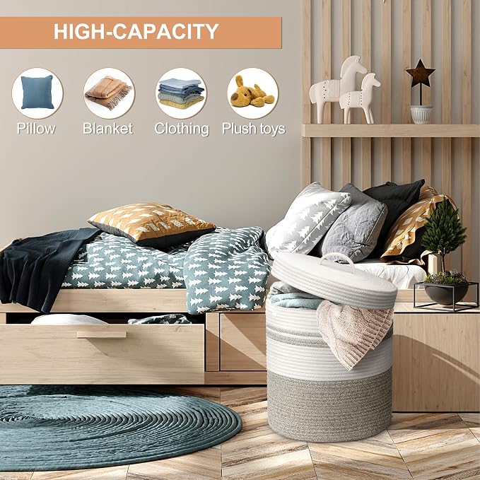 Laundry Hamper with Lid, Woven Laundry Basket，Blanket and Toy Storage Basket for Living Room, Bedroom, Bathroom, Nursery（Brown and White，40L）
