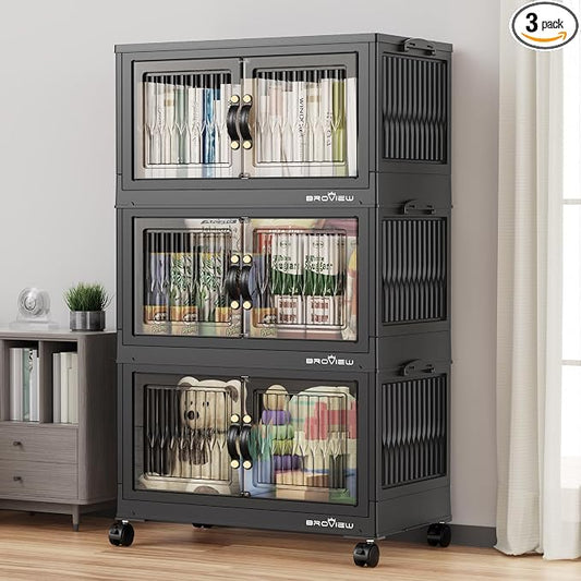 BROVIEW 180 Qt Stackable Storage Bins with Lid, Plastic Closet Organizers and Storage Drawer, Collapsible Storage Box with Wheels, Folding Storage Cabinet for Closet Clothes Organization, 3Pack Black