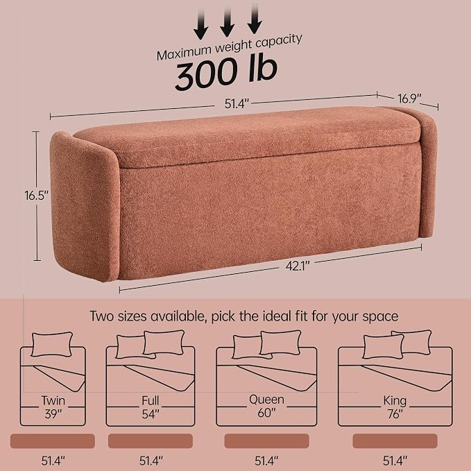 VKNOW Storage Bench, Upholstered Storage Ottoman Bench with Hinge, Rust Red | Ottoman Bench with Large Capacity, Curved Frame, King Size Bench, Storage Bench for Bedroom, Living Room, Entryway, Window