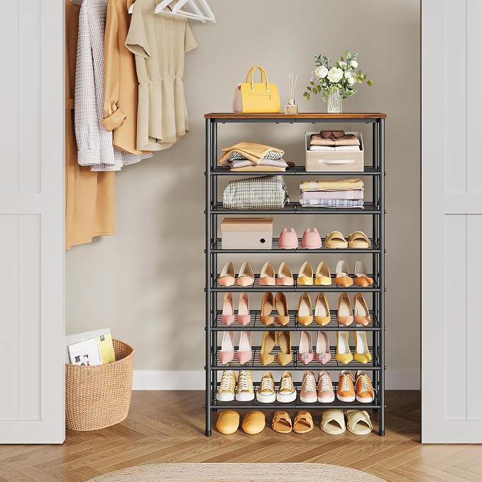 8 Tier Shoe Rack for 28-32 Pairs of Shoes, Rustic Brown & Black | Sturdy & Durable, X Shape Fixed Frame, Metal Mesh Shoe Shelf, Industrial, For Closet, For Entryway Shoe Storage