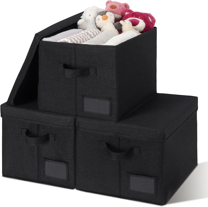 GRANNY SAYS Storage Bins with Lids, Storage Bins for Linen Closet Shelves, Decorative Storage Boxes with Label, Clothes Storage and Organization for Organizing, 3-Pack, Large, Black