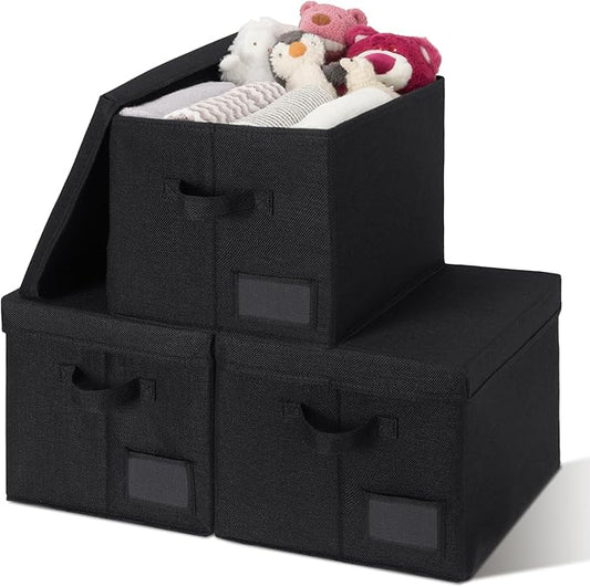 GRANNY SAYS Storage Bins with Lids, Storage Bins for Linen Closet Shelves, Decorative Storage Boxes with Label, Clothes Storage and Organization for Organizing, 3-Pack, Large, Black