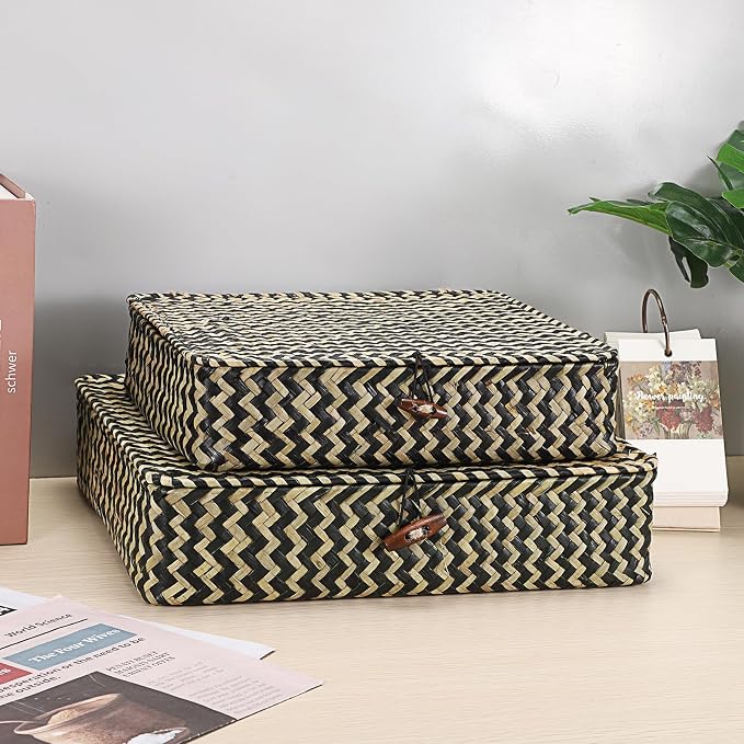 Hipiwe 2Pcs Flat Wicker Woven Basket with Lid Natural Seagrass Storage Box | Shelf Baskets Bin for Home Decor, Multipurpose Household Basket Organizer, Set of 2, Blacks Strips