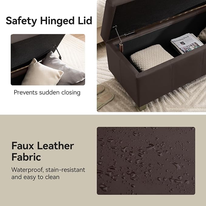 WUTUTUEE 41" Faux Leather Storage Ottoman, Stitch Tufted Rectangle Upholstered End of Bed Storage Bench, Entryway Large Couch Ottoman with Wooden Legs,Brown